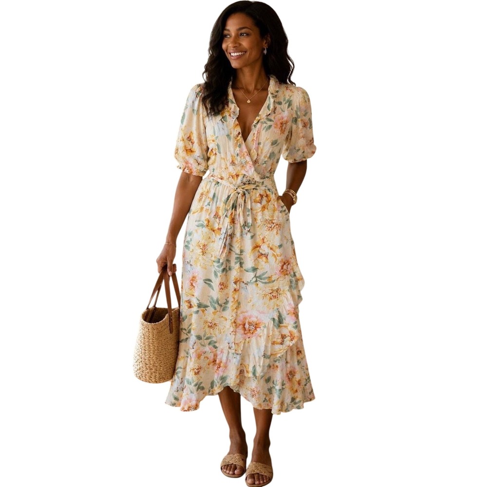 Old Navy Plus Size 3X Midi Wrap Dress Yellow Floral Ruffle Puff Sleeve 1838